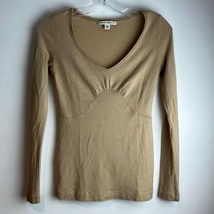 Deep v-neck tan lightweight long sleeve knit shirt
